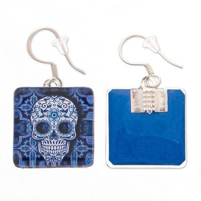 Alternate image for Decoupage on Glass Blue White Skull-Themed Dangle Earrings Stunning Skull