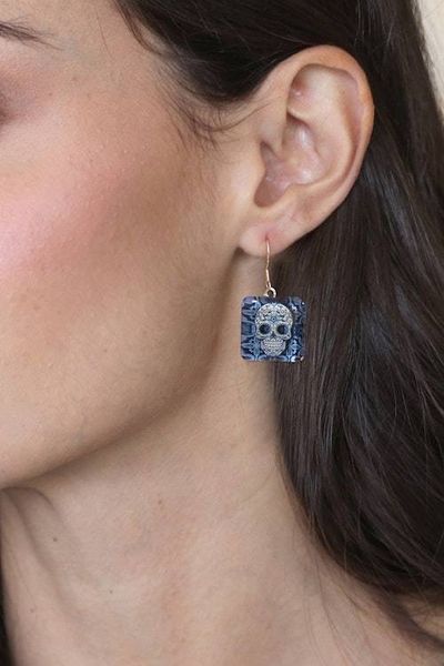 Alternate image for Decoupage on Glass Blue White Skull-Themed Dangle Earrings Stunning Skull