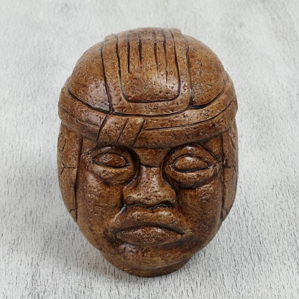 Mexico Hand Made Archaeological Ceramic Sculpture 'Olmec Head'