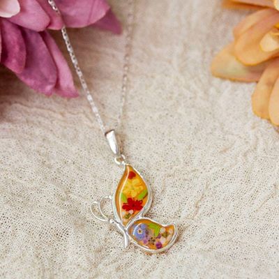 Primary image for Wild Flower and Sterling Silver Butterfly Pendant Necklace Butterflys Dream