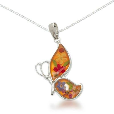 Alternate image for Wild Flower and Sterling Silver Butterfly Pendant Necklace Butterflys Dream