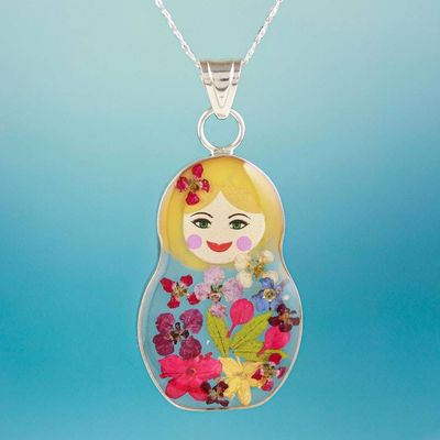 Primary image for Natural Flower Pendant Necklace with Blonde Matryoshka Blonde Mexican Matryoshka