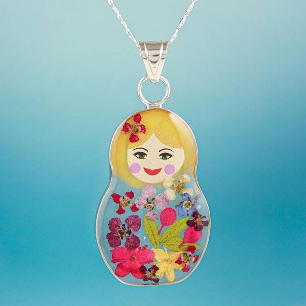 Alternate image for Natural Flower Pendant Necklace with Blonde Matryoshka Blonde Mexican Matryoshka