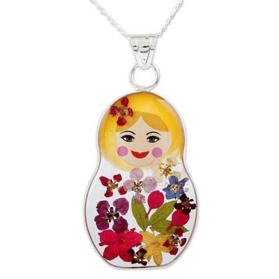 Alternate image for Natural Flower Pendant Necklace with Blonde Matryoshka Blonde Mexican Matryoshka