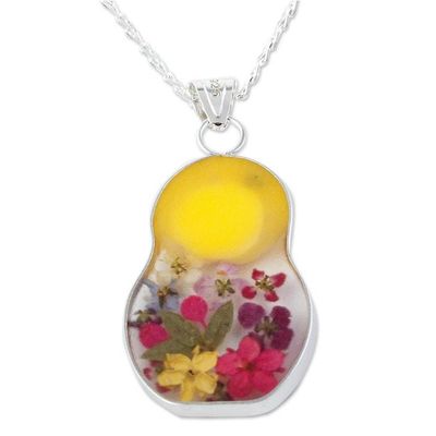 Alternate image for Natural Flower Pendant Necklace with Blonde Matryoshka Blonde Mexican Matryoshka
