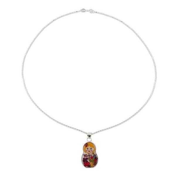 Alternate image for Natural Flower Pendant Necklace with Blonde Matryoshka Blonde Mexican Matryoshka