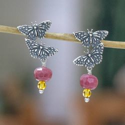 Image for Amazonite Amber Sterling Silver Butterfly Drop Earrings Blissful Butterfly
