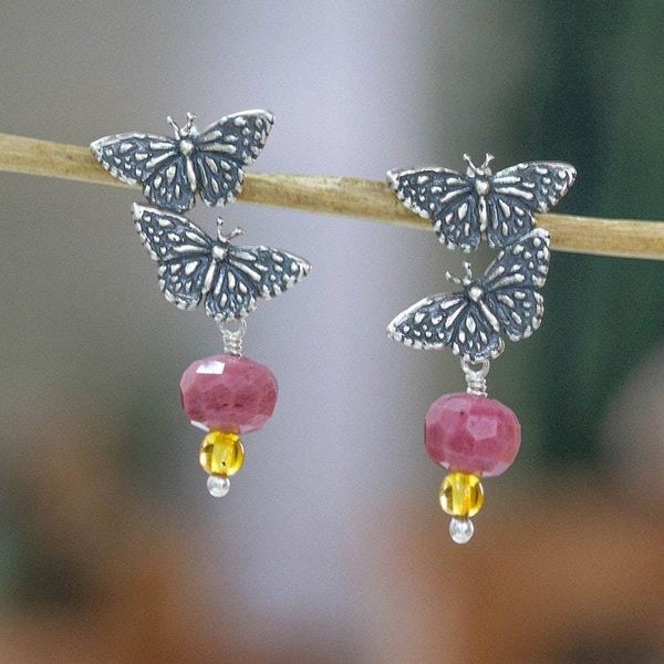 Alternate image for Amazonite Amber Sterling Silver Butterfly Drop Earrings Blissful Butterfly