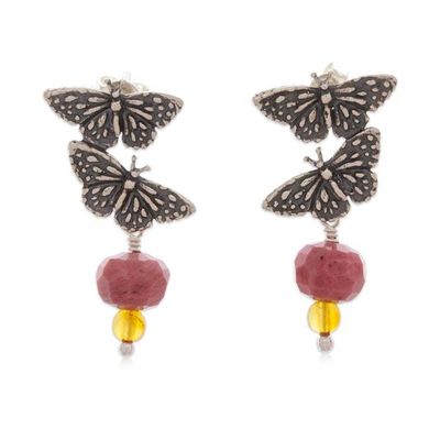 Alternate image for Amazonite Amber Sterling Silver Butterfly Drop Earrings Blissful Butterfly