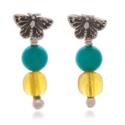 Primary image for Reconstituted Turquoise and Amber Butterfly Drop Earrings Colorful Monarch