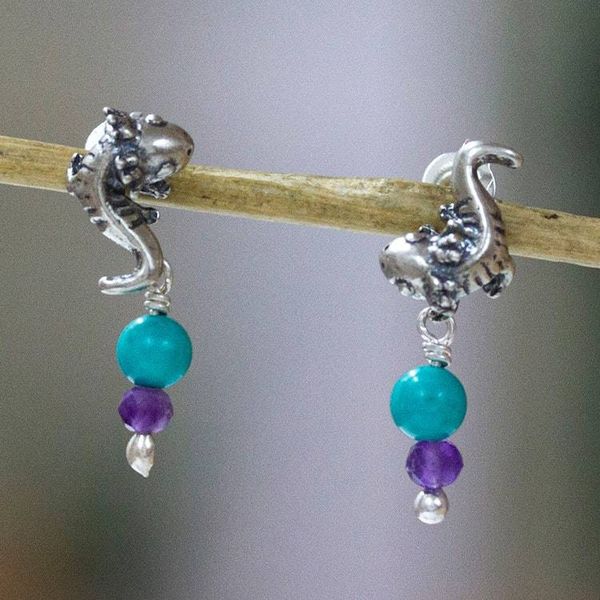 Alternate image for Reconstituted Turquoise and Amethyst Axolotl Drop Earrings Amazing Axolotl