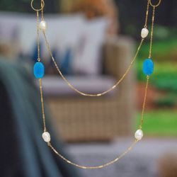 Image for 24k Gold-Plated Blue Agate and Cream Pearl Station Necklace Pearly Blue