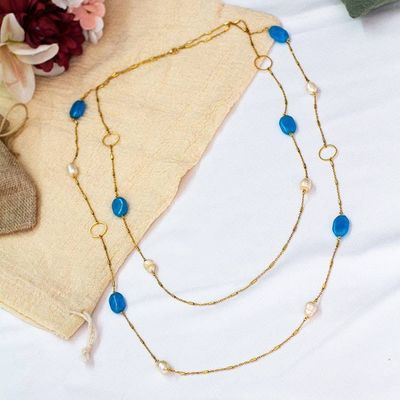 Alternate image for 24k Gold-Plated Blue Agate and Cream Pearl Station Necklace Pearly Blue