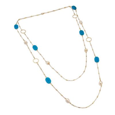 Alternate image for 24k Gold-Plated Blue Agate and Cream Pearl Station Necklace Pearly Blue