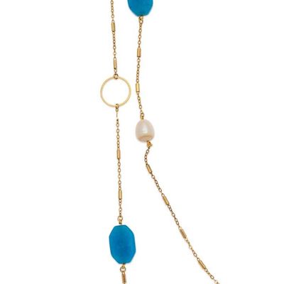 Alternate image for 24k Gold-Plated Blue Agate and Cream Pearl Station Necklace Pearly Blue