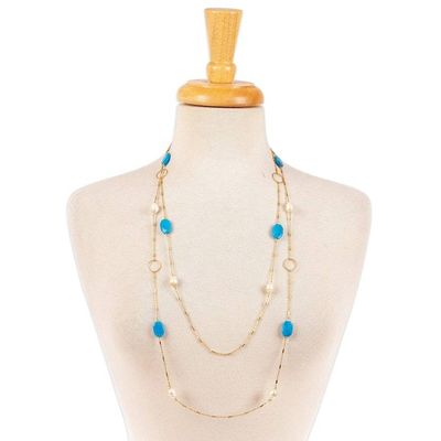 Alternate image for 24k Gold-Plated Blue Agate and Cream Pearl Station Necklace Pearly Blue