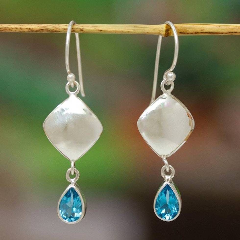 High-Polished Silver and Drop-Shaped Topaz Dangle Earrings 'Avant-Garde Love'