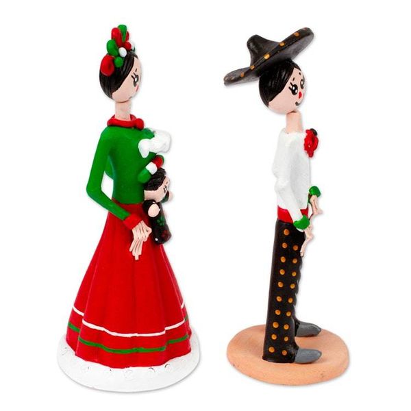Alternate image for Set of 2 Hand-Painted Couple Ceramic Sculptures from Mexico Evening in Love