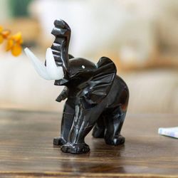 Image for Black Elephant-Themed Hand-Carved Marble Accent Sculpture Black Trunk Charm