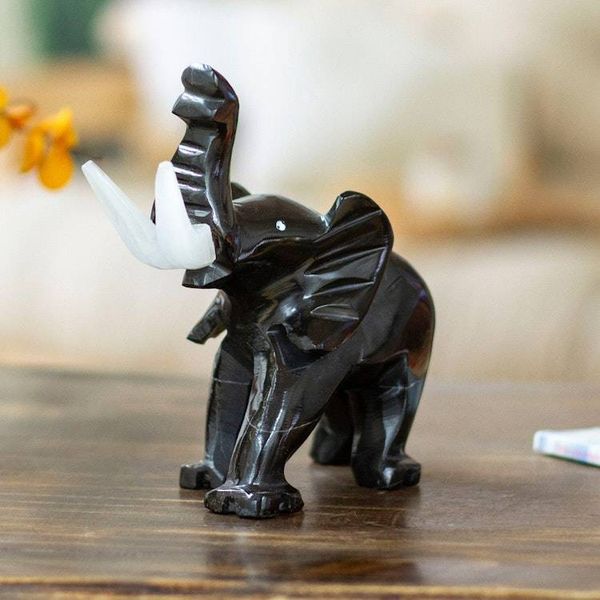 Alternate image for Black Elephant-Themed Hand-Carved Marble Accent Sculpture Black Trunk Charm