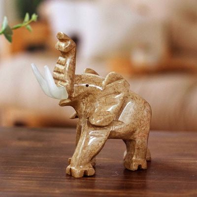 Primary image for Artisan Carved Natural Marble Elephant Figurine in Brown Hue Brown Trunk Charm