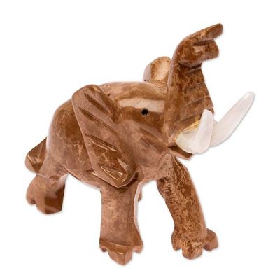 Alternate image for Artisan Carved Natural Marble Elephant Figurine in Brown Hue Brown Trunk Charm