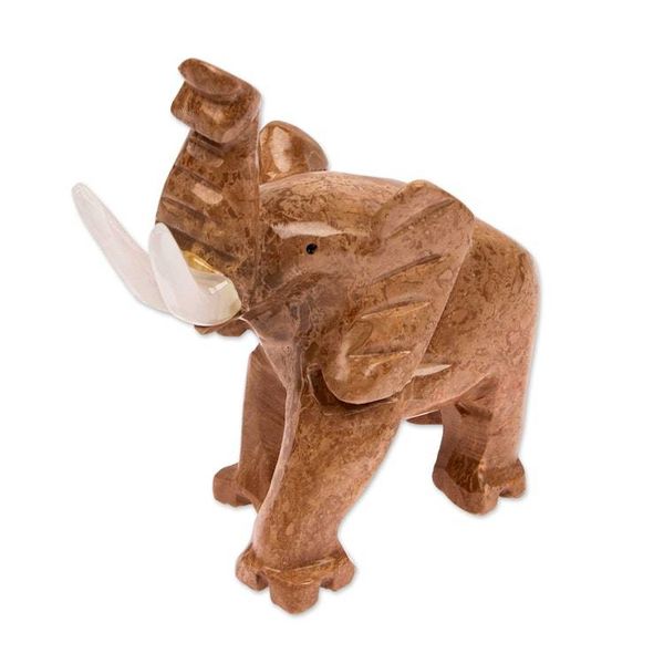 Alternate image for Artisan Carved Natural Marble Elephant Figurine in Brown Hue Brown Trunk Charm