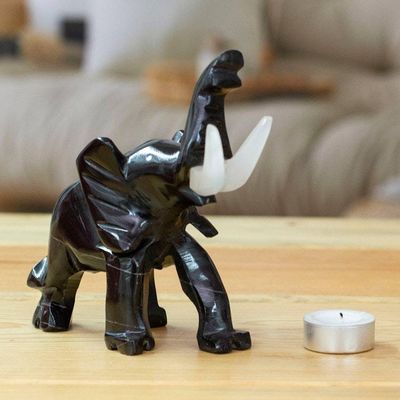 Alternate image for Black Elephant-Themed Hand-Carved Marble Accent Sculpture Black Trunk Charm