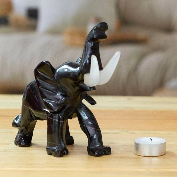 Alternate image for Black Elephant-Themed Hand-Carved Marble Accent Sculpture Black Trunk Charm