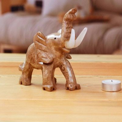 Alternate image for Artisan Carved Natural Marble Elephant Figurine in Brown Hue Brown Trunk Charm