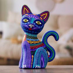 Image for Handcrafted Ceramic Alebrije Figurine of Colorful Cat Oneiric Feline