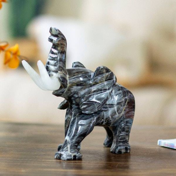 Alternate image for Grey Marble Elephant Sculpture for Tabletop Desk Bookshelf Grey Trunk Charm