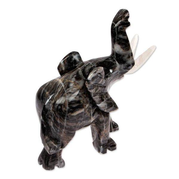 Alternate image for Grey Marble Elephant Sculpture for Tabletop Desk Bookshelf Grey Trunk Charm