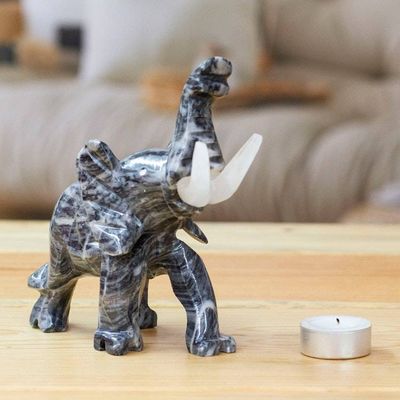 Alternate image for Grey Marble Elephant Sculpture for Tabletop Desk Bookshelf Grey Trunk Charm