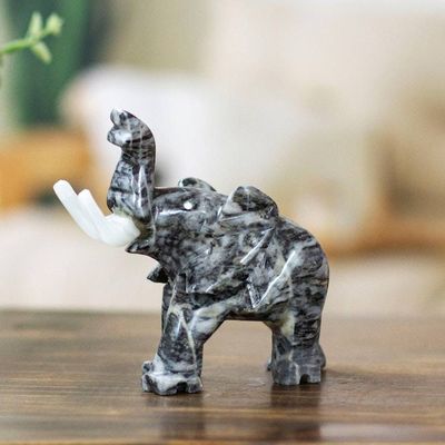 Primary image for Elephant Marble Sculpture in Grey Hue Hand-Carved in Mexico Charcoal Trunk Charm
