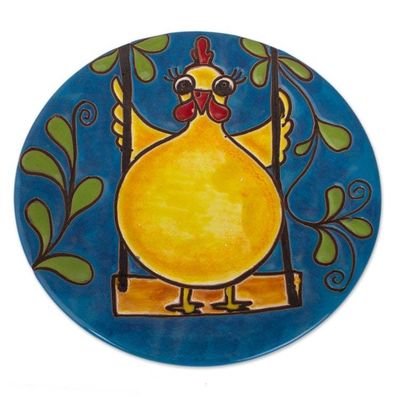 Alternate image for Whimsical Chicken-Themed Ceramic Wall Art from Mexico Swinging Chicken