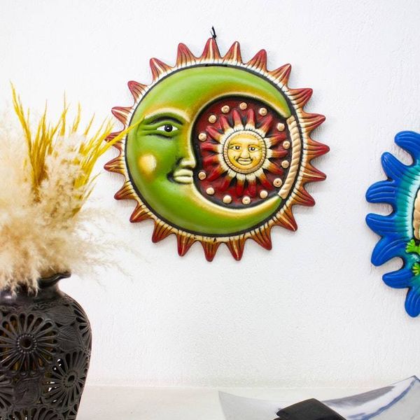 Alternate image for Painted Sun and Moon-Themed Green and Red Ceramic Wall Art Tropical Eclipse