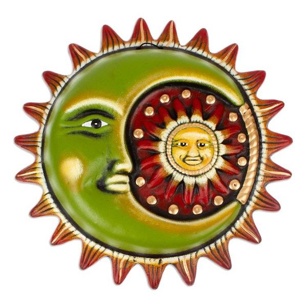 Alternate image for Painted Sun and Moon-Themed Green and Red Ceramic Wall Art Tropical Eclipse