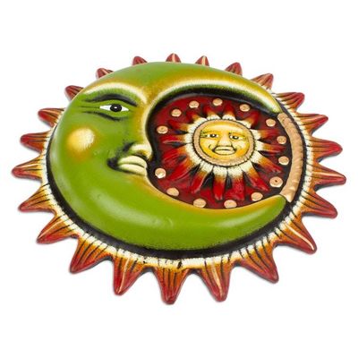 Alternate image for Painted Sun and Moon-Themed Green and Red Ceramic Wall Art Tropical Eclipse