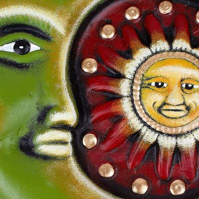 Alternate image for Painted Sun and Moon-Themed Green and Red Ceramic Wall Art Tropical Eclipse