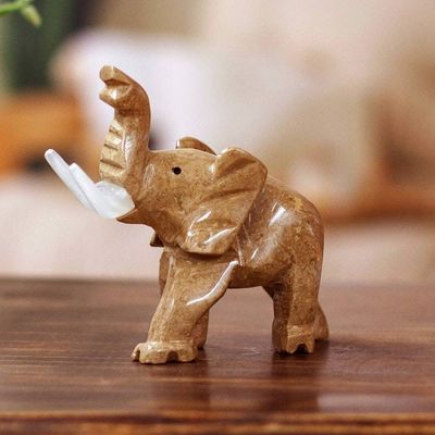 Primary image for Hand-Carved Marble Sculpture of Brown Elephant Raising Trunk Chestnut Trunk Charm
