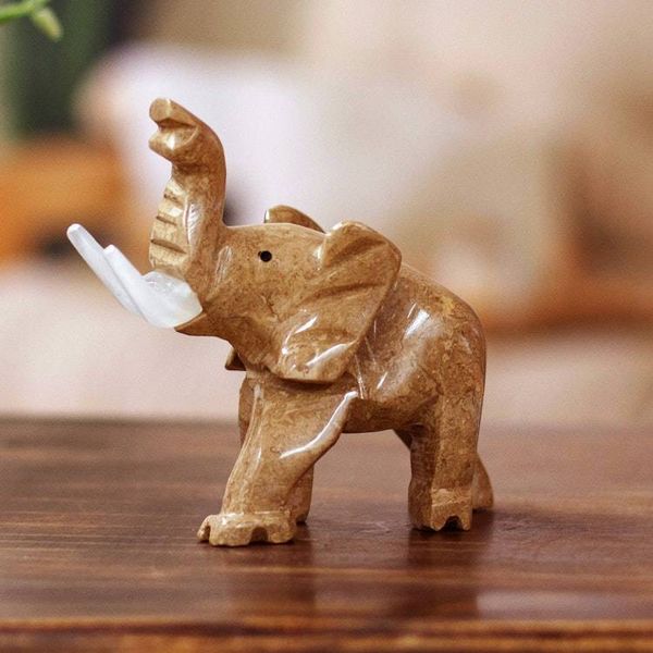 Alternate image for Hand-Carved Marble Sculpture of Brown Elephant Raising Trunk Chestnut Trunk Charm