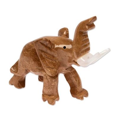 Alternate image for Hand-Carved Marble Sculpture of Brown Elephant Raising Trunk Chestnut Trunk Charm
