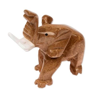 Alternate image for Hand-Carved Marble Sculpture of Brown Elephant Raising Trunk Chestnut Trunk Charm