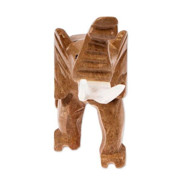 Alternate image for Hand-Carved Marble Sculpture of Brown Elephant Raising Trunk Chestnut Trunk Charm