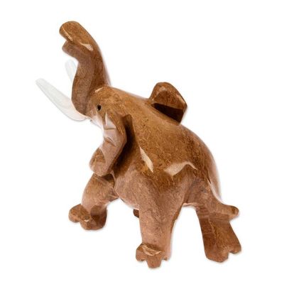 Alternate image for Hand-Carved Marble Sculpture of Brown Elephant Raising Trunk Chestnut Trunk Charm