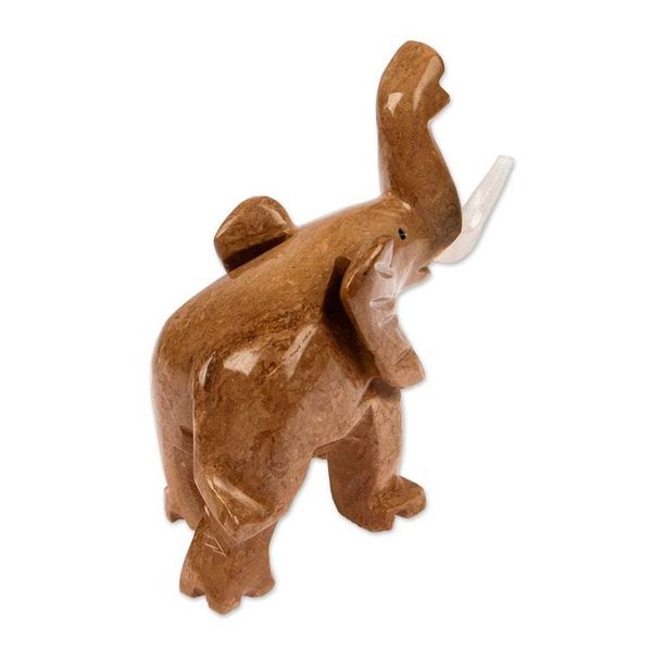 Alternate image for Hand-Carved Marble Sculpture of Brown Elephant Raising Trunk Chestnut Trunk Charm