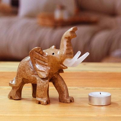 Alternate image for Hand-Carved Marble Sculpture of Brown Elephant Raising Trunk Chestnut Trunk Charm