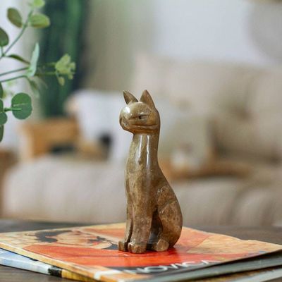 Primary image for Cat-Themed Modern Hand-Carved Marble Sculpture in Brown Brown Fabulous Feline