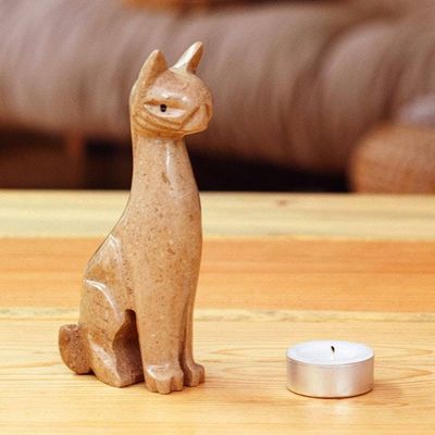 Alternate image for Cat-Themed Modern Hand-Carved Marble Sculpture in Brown Brown Fabulous Feline